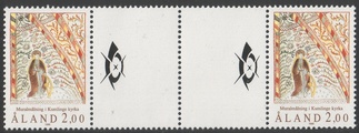 Ahvenanmaa 1990 - Kumlingen kirkon seinämaalaus välilöpari + logo Ahvenanmaa 1990 - Kumlingen kirkon seinämaalaus välilöpari + logo