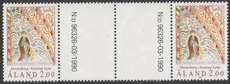 Ahvenanmaa 1990 - Kumlingen kirkon seinämaalaus välilöpari numerolla Ahvenanmaa 1990 - Kumlingen kirkon seinämaalaus välilöpari numerolla