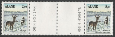 Ahvenanmaa 1991 - Nisäkkäitä 2,90 Metsäkauris välilöpari + numero Ahvenanmaa 1991 - Nisäkkäitä 2,90 Metsäkauris välilöpari + numero