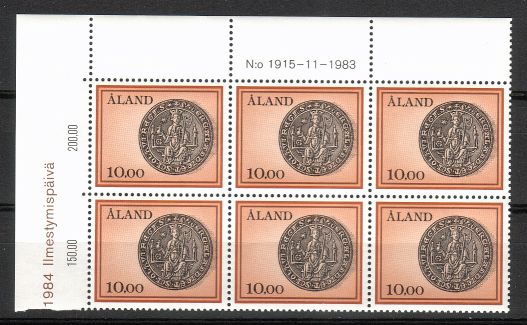 Aland 1984 - N:o block of six 1915-11-1983 Seal of St. Olaf and Aland Province, 1326