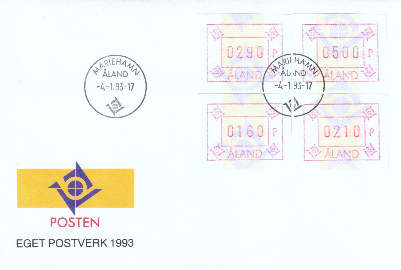 Ahvenanmaa 1993 - ATM 5 160, 210, 290, 500 p - Mariehamn 04.01.1993 FDC