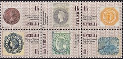 Australia 1990 - Penny Black, 150th Anniv. Colonial stamps (Block of 6) Australia 1990 - Penny Black, 150th Anniv. Colonial stamps (Block of 6)