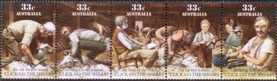 Australia 1986 - Australian Folklore Click go the Shears (strip of 5) Australia 1986 - Australian Folklore Click go the Shears (strip of 5)