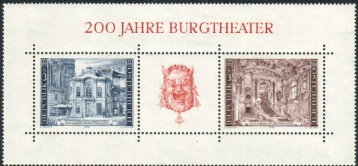 Itävalta 1976 - Bicentenary of Vienna Burgtheater block of 2+label Itävalta 1976 - Bicentenary of Vienna Burgtheater block of 2+label