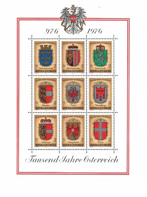 Itävalta 1976 - Millennium of Austria - Coats of Arms Sheet of 9 Itävalta 1976 - Millennium of Austria - Coats of Arms Sheet of 9