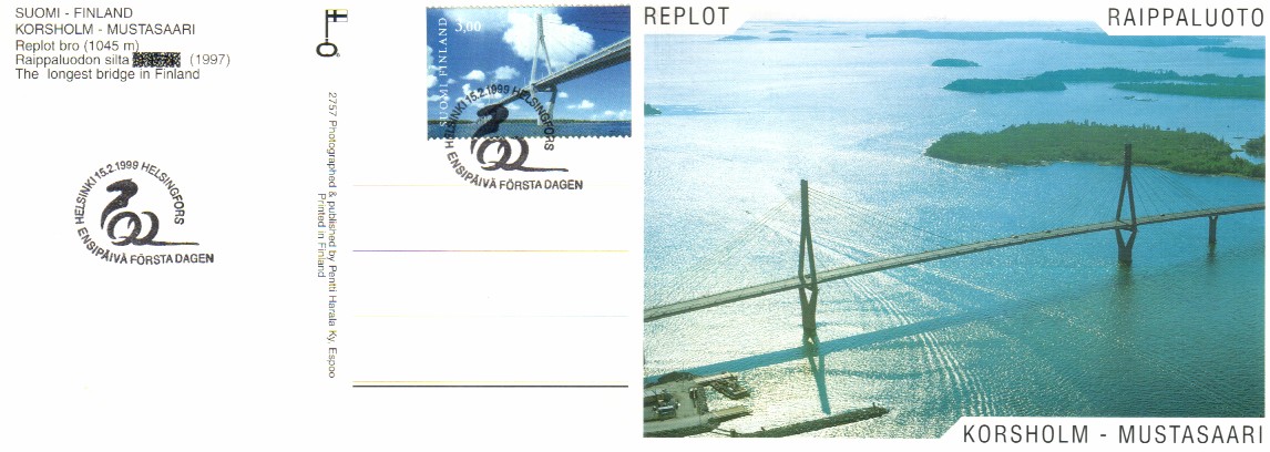 Finland 1999 - Roads 3/4 Raippaluoto Bridge postcard FDC