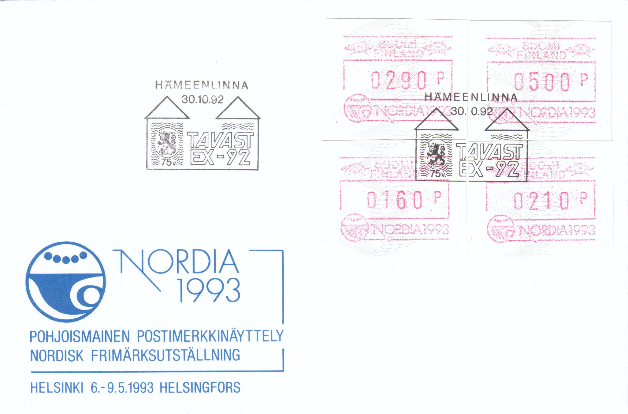 Suomi 1992 - ATM 13 Nordia 1993 160, 210, 290, 500 p (30.10.1992) Suomi 1992 - ATM 13 Nordia 1993 160, 210, 290, 500 p (30.10.1992)