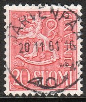 Finland 1956 - Coat of arms lion type m54 20mk red - Järvenpää 20.11.61