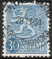 Finland 1956 - Coat of arms lion type m54 30mk blue - Pitäjänmäki 28.11.61