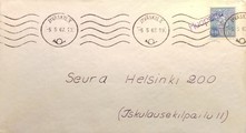 Suomi - Huopana postipysäkkileima - Jyväskylä 5.5.67 kuorella Suomi - Huopana postipysäkkileima - Jyväskylä 5.5.67 kuorella