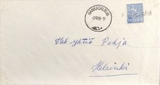 Suomi - Kallio-Aho postipysäkkileima - Hankasalmi as. 2.XII.68 kuorella Suomi - Kallio-Aho postipysäkkileima - Hankasalmi as. 2.XII.68 kuorella