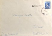 Suomi - Tahkoranta postipysäkkileima - Joroinen 21.11.51 kuorella Suomi - Tahkoranta postipysäkkileima - Joroinen 21.11.51 kuorella