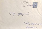 Suomi - Tolpankangas postipysäkkileima - Sievi 8.11.66 kuorella Suomi - Tolpankangas postipysäkkileima - Sievi 8.11.66 kuorella