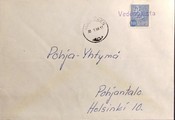 Suomi - Vedentausta postipysäkkileima - Kuhmoinen 30.1.68 kuorella Suomi - Vedentausta postipysäkkileima - Kuhmoinen 30.1.68 kuorella