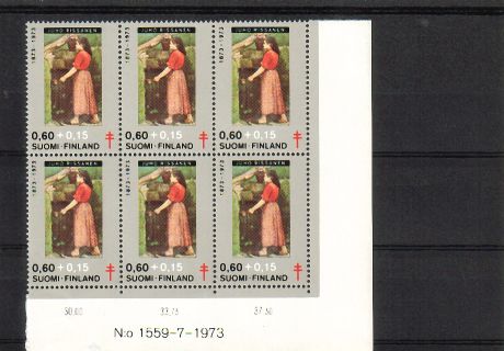 Finland 1973 - N:o block of six 1559-7-1973 Anti tuberculosis 1973 3/3 - Woman at Mountain Fountain