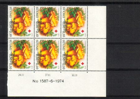 Finland 1974 - N:o block of six 1587-6-1974 Red Cross 1974 - Mushrooms 2/3 Chanterelle
