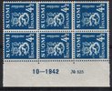 Finland 1942 - N:o block of six 525-10-1942 Coat of arms lion type m30 4 ½mk dark blue