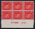 Finland 1945 - N:o block of six 656-5-1945 Coat of arms lion type m30 3mk red