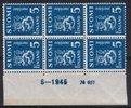 Finland 1945 - N:o block of six 657-5-1945 Coat of arms lion type m30 5mk blue