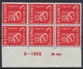 Finland 1945 - N:o block of six 660-6-1945 Coat of arms lion type m30 3mk red