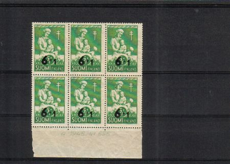 Finland 1947 - N:o block of six 696-4-1946 Anti tuberculosis 1947 (1946) 1/2 - 6+1mk (5+1) overp