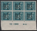 Finland 1943 - Military stamp 3 1/2 mk blue N:o block of six 581-10-1943