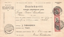 - Pakettikortti Tampere - Keuruu 1920 - Pakettikortti Tampere - Keuruu 1920
