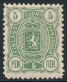Suomi 1890 - Vaakunamalli 1889 - 5p vihreä, A-hammaste Suomi 1890 - Vaakunamalli 1889 - 5p vihreä, A-hammaste