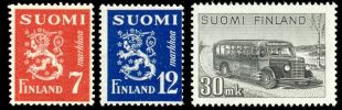 Suomi 1947 - Leijonamalli m30 7, 12 ja linja-auto 30 mk, nelilöt FDC