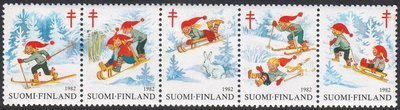 Suomi 1982 - Joulumerkki 1982 Tonttujen mäenlasku 5-rivilö