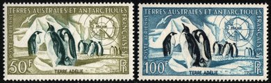 Ranskan Antarktis 1956 - Emperor Penguins and Map of Antarctica 50F, 100F (2) Ranskan Antarktis 1956 - Emperor Penguins and Map of Antarctica 50F, 100F (2)