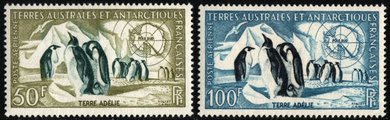 Ranskan Antarktis 1956 - Emperor Penguins and Map of Antarctica 50F, 100F (2)