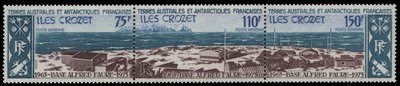 Ranskan Antarktis 1974 - 10th anniv. Base Alfred Faure (strip of 3) Ranskan Antarktis 1974 - 10th anniv. Base Alfred Faure (strip of 3)