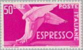 Italia 1951 - Special delivery stamp Espresso 50 L Winged Foot (slightly bent) Italia 1951 - Special delivery stamp Espresso 50 L Winged Foot (slightly bent)