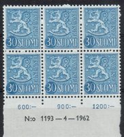 Numerokuusilo 1193-4-1962 Leijonamalli m54 30mk sininen (esimerkkikuva)