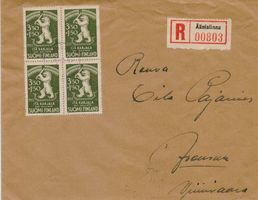 R-kuori Äänislinna 15.IX.43 - Joensuu 3,50 + 1,50 mk Itä-Karjala nelilö (esimerkkikuva)