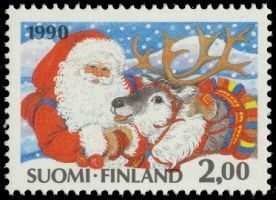 Joulupostimerkki 1990 2/2 - 2,00 mk Joulupukki ja poro (esimerkkikuva)