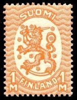 Numerokuusilo 128-8 1927 Saarisen malli m17, 1mk oranssi, postitorvi W3, hammaste B (esimerkkikuva)