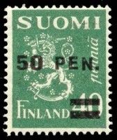 Numerokuusilo 173-11-1929 Leijonamalli m30 50p/40p sinert. vihreä lisäpainama tyyppi II (esimerkkikuva)