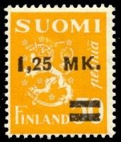 Leijonamalli m30 1,25mk/50p keltainen lisäpainama tyyppi I (esimerkkikuva)