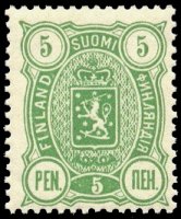 Vaakunamalli 1889 - 5p vihreä, A-hammaste (esimerkkikuva)