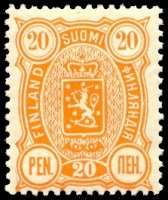 Vaakunamalli 1889 - 20p keltainen A-(roso)hammaste (esimerkkikuva)