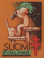 Joulumerkki 1949 Poika saunoo (hammastamaton pari) (esimerkkikuva)