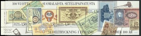 Finnish Banknote stamp booklet pane first day cancelled (sample image)