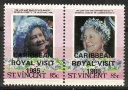 CARIBBEAN / ROYAL VISIT - 1985 - overprint 3+4/8 - Queen Mother, pair (esimerkkikuva)