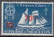 St. Pierre ja Miquelon 1945 - St. Malo Fishing Schooner 5c overprint 70c St. Pierre ja Miquelon 1945 - St. Malo Fishing Schooner 5c overprint 70c