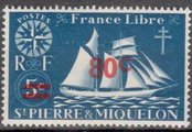 St. Pierre ja Miquelon 1945 - St. Malo Fishing Schooner 5c overprint 80c St. Pierre ja Miquelon 1945 - St. Malo Fishing Schooner 5c overprint 80c