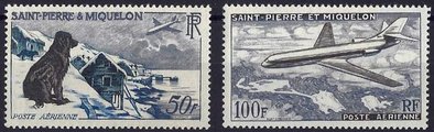 St. Pierre ja Miquelon 1957 - Airmail Newfoundland Dog and Caravelle (2) St. Pierre ja Miquelon 1957 - Airmail Newfoundland Dog and Caravelle (2)