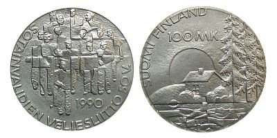 Suomi 1990 Sotainvalidien Veljesliitto 50 vuotta 100 mk hopea