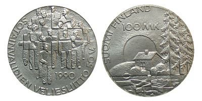 Finland 1990 Disabled War Veterans Assoc. 50 years 100 mk silver